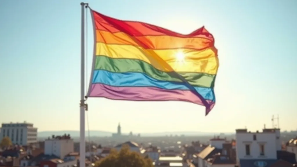 grand drapeau arc-en-ciel flottant sur un toit dans le ciel matinal a Nantes