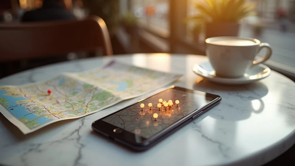 smartphone aux épingles de carte sur une table de café ensoleillée a Nantes