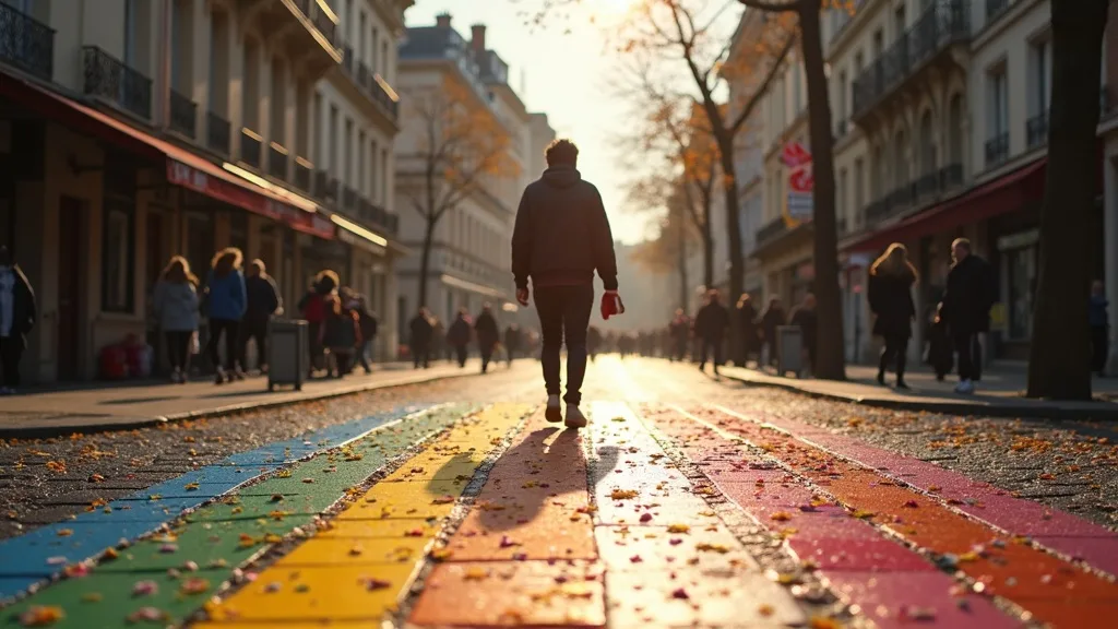 passage piéton arc-en-ciel sur pavés mouillés, confettis de festival au sol a Nantes
