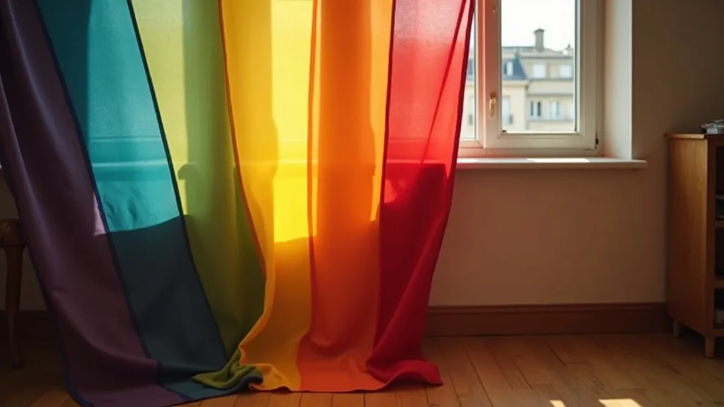 drapeau arc-en-ciel enroulé autour de sa hampe dans un angle, lumière dorée a Nantes