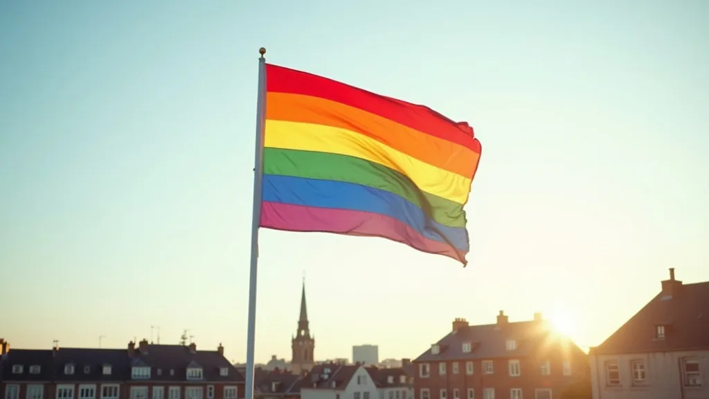 grand drapeau arc-en-ciel flottant sur un toit dans le ciel matinal a Nantes
