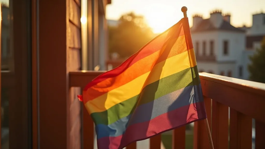drapeau arc-en-ciel drapé sur une rambarde de balcon en bois, au soleil a Nantes