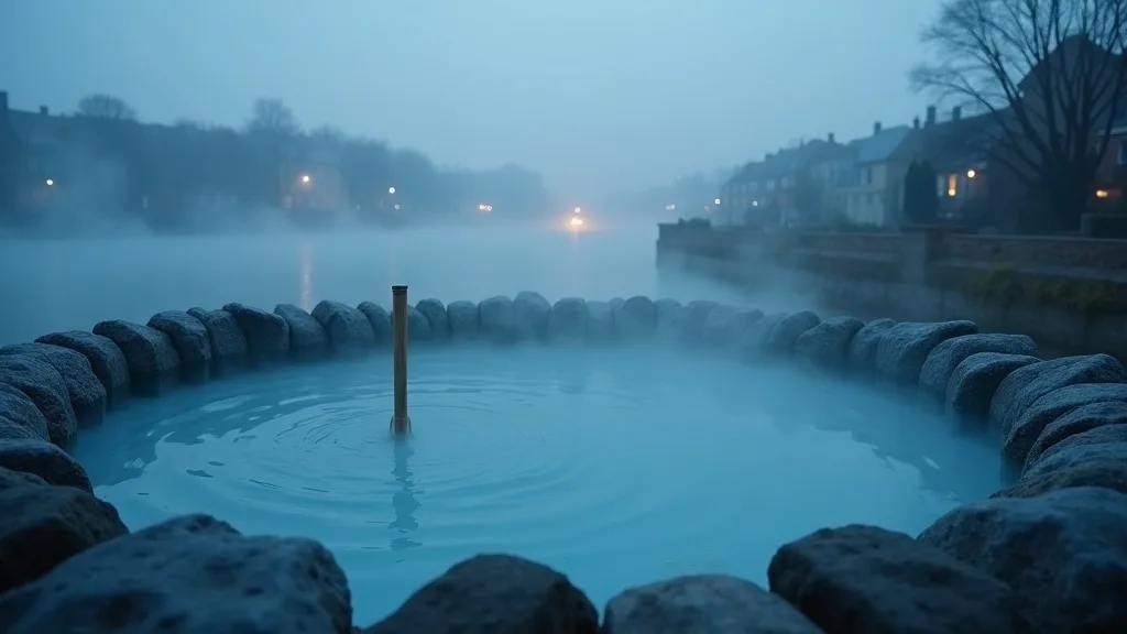 source chaude en plein air bordée de galets au crépuscule brumeux a Nantes