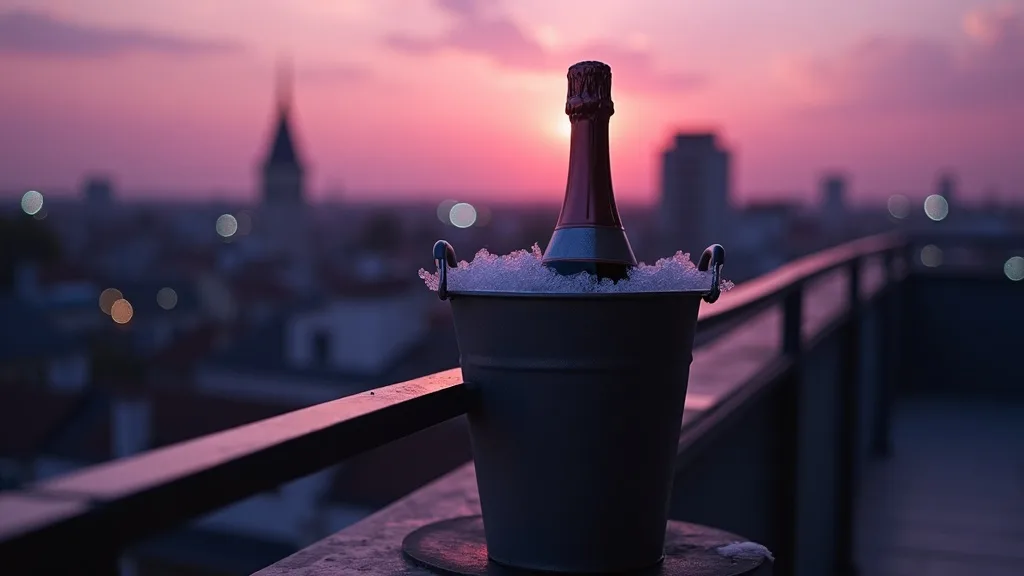 garde-corps de rooftop au crépuscule, champagne dans un seau givré a Nantes