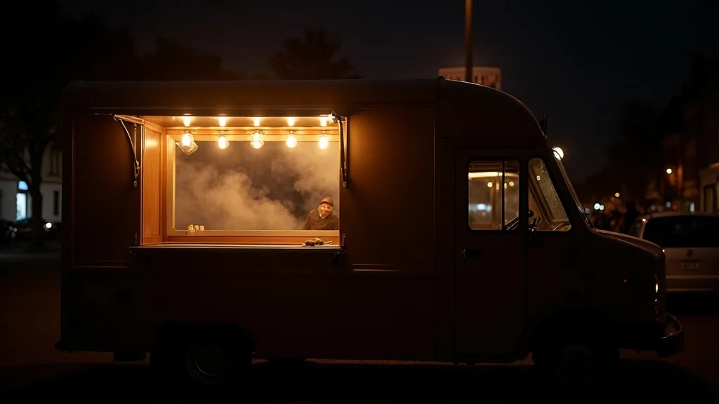 food truck la nuit, écoutille chaude et ampoules suspendues a Nantes