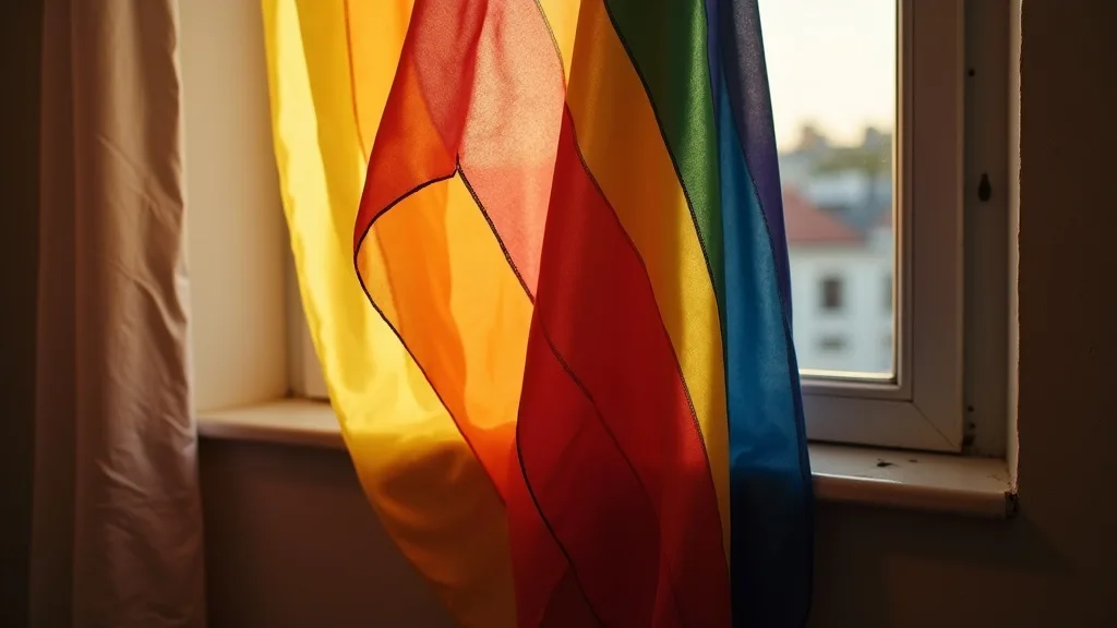 drapeau arc-en-ciel enroulé autour de sa hampe dans un angle, lumière dorée a Nantes