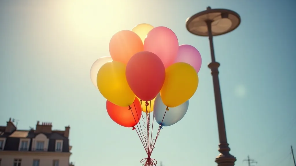 grappe de ballons arc-en-ciel attaches a un lampadaire au soleil a Nantes